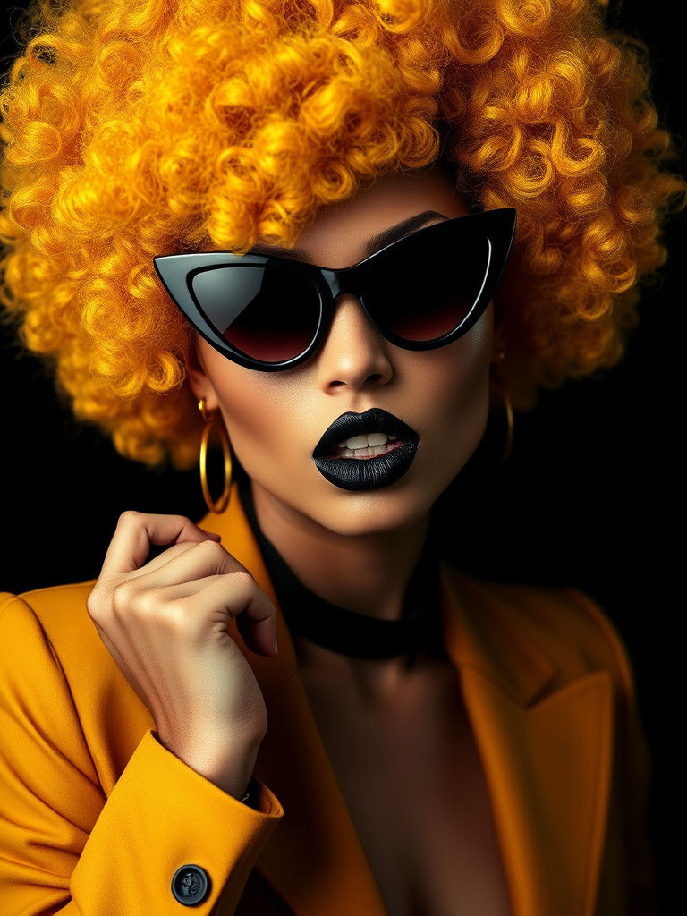 Model with Yellow Afro Wig in High-Fashion Editorial Style