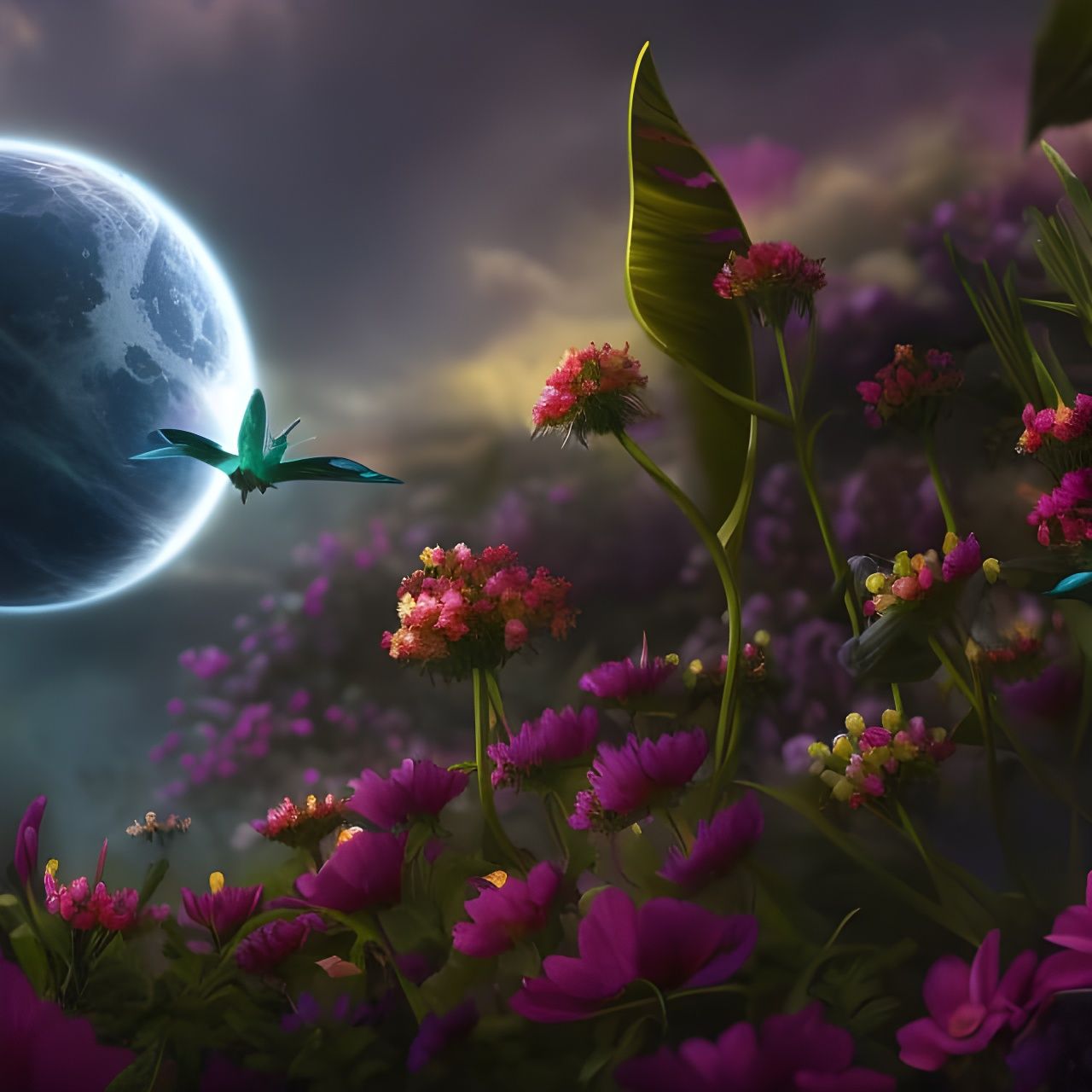 Fantasy flower garden, Sharp contrast, high black point, Deep depth of field, sharp focus, cinematographic,   detailed i...