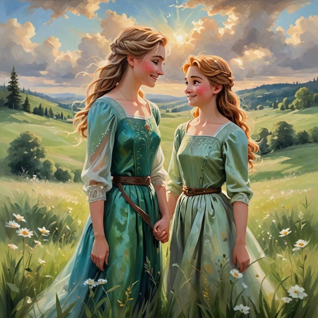 Elsa and Anna in Dreamy Oil Painting Meadow