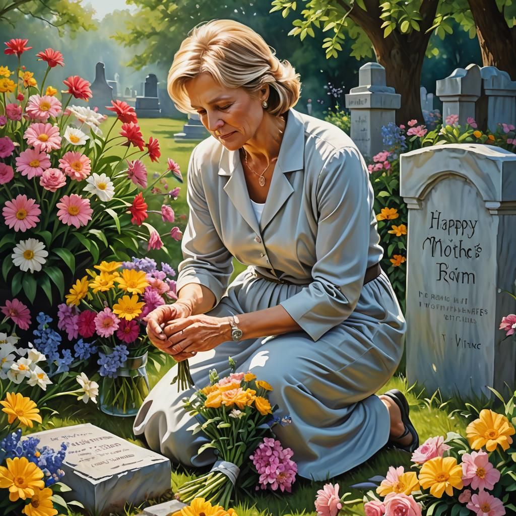 Woman at Mother's Grave: Hyperrealistic Airbrush Art