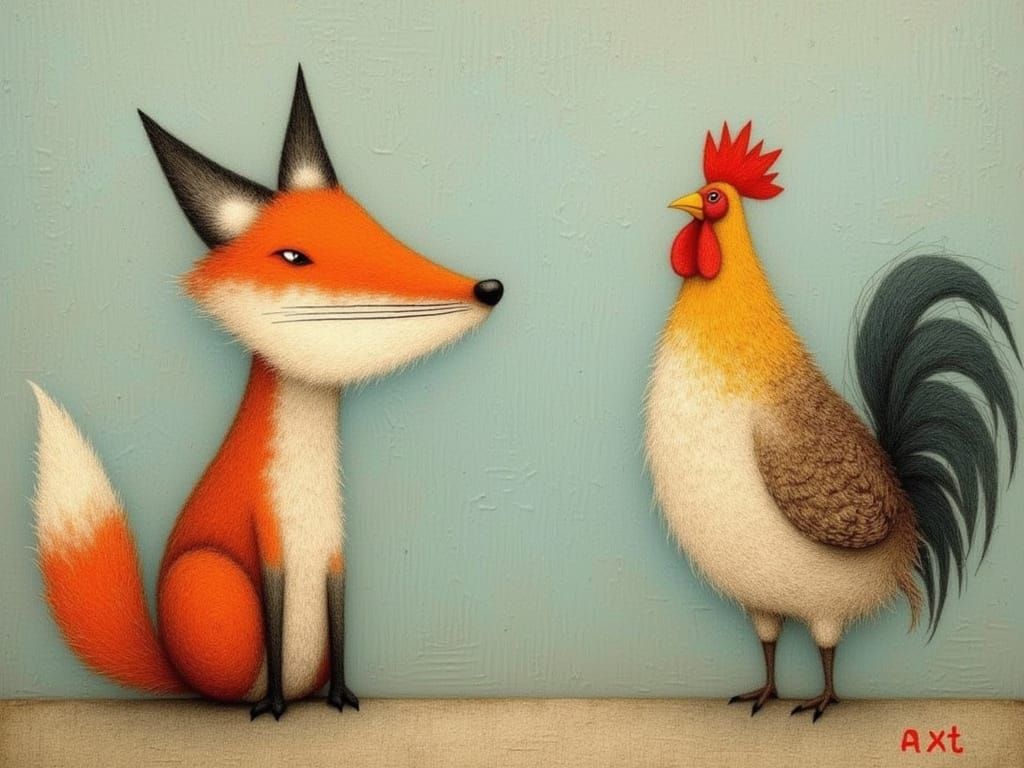 Quirky Fox Discusses Ideas with Whimsical Rooster