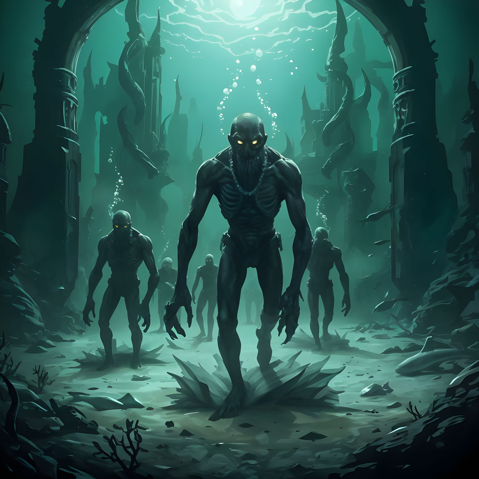 Lovecraftian Deep Ones Marching on the Sea Floor