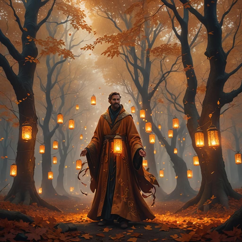 Mystical Figure in Autumnal Forest Concept Art