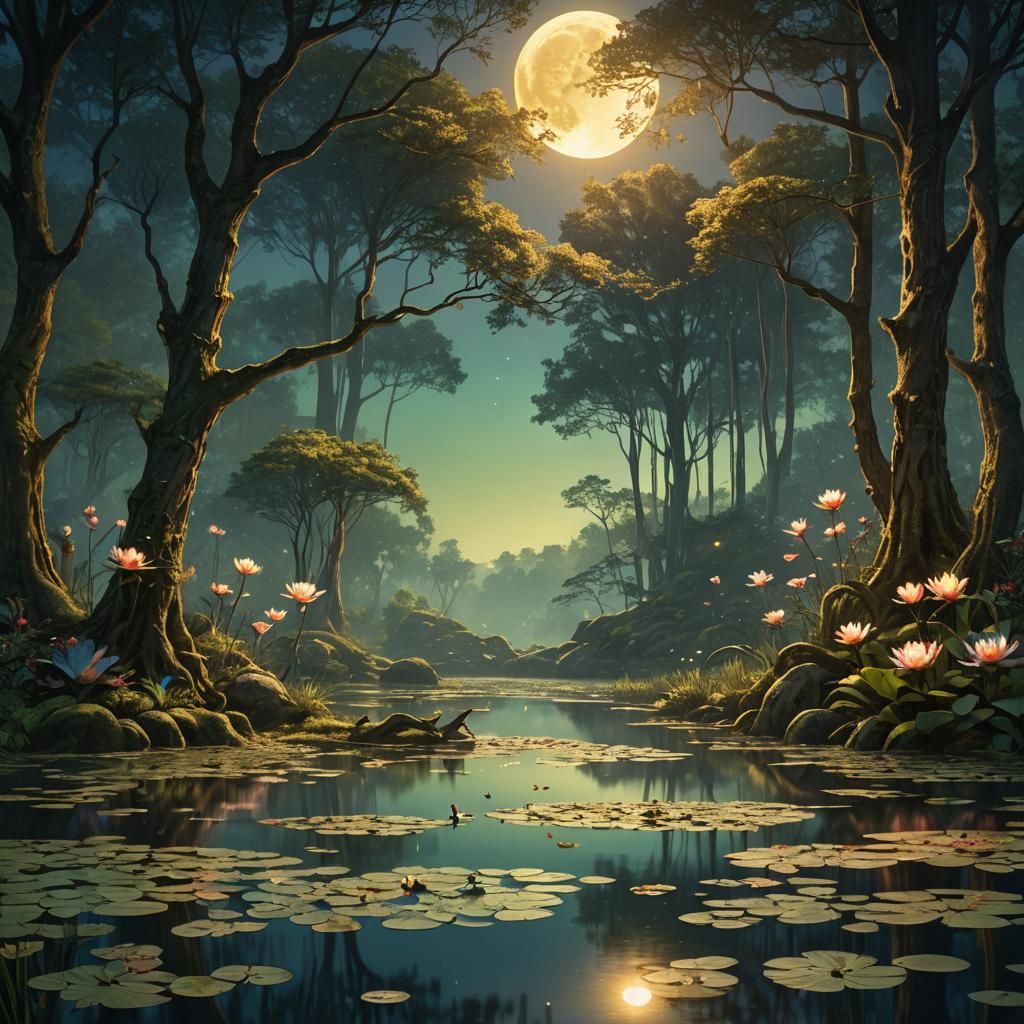 Mystical Forest Reflected in Pond: Fantasy Concept Art