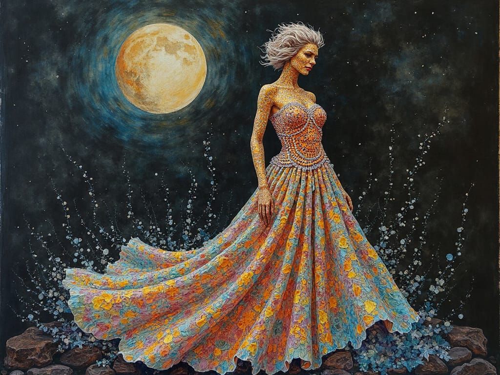 Lioness in Iridescent Dress Under Moonlit Surreal Sky