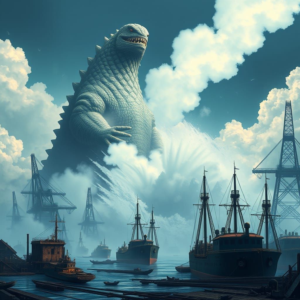 Colossal Kaiju Rises from Sasebo Harbor in Cyberpunk Pop Art