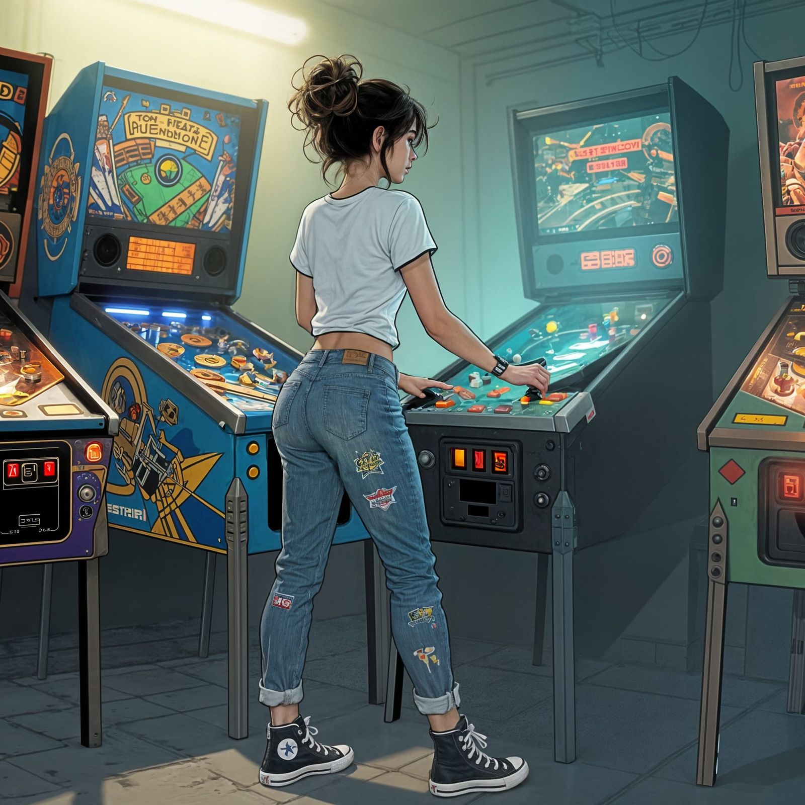 Female Gamer Playing Pinball in Dim Light