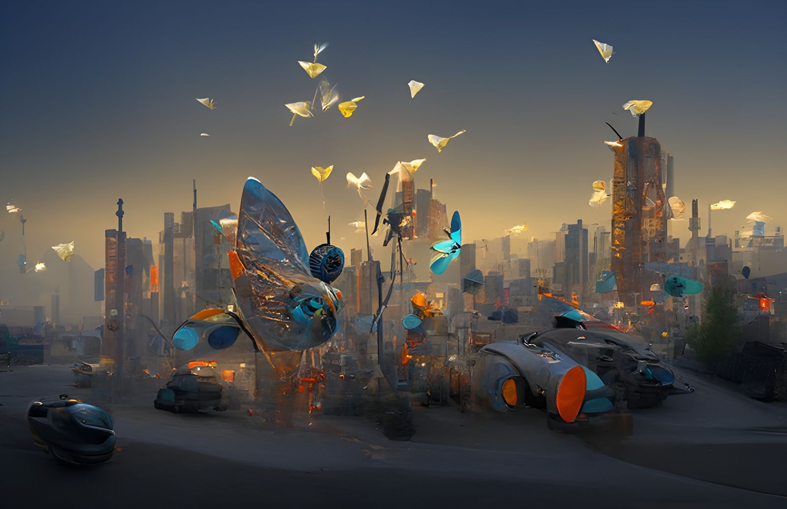 Futuristic City with Butterfly Drones in Biopunk Style