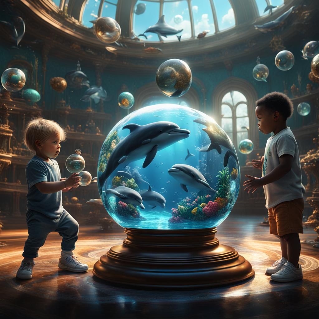 toddlers of each race looking at a clear glass sphere with t...