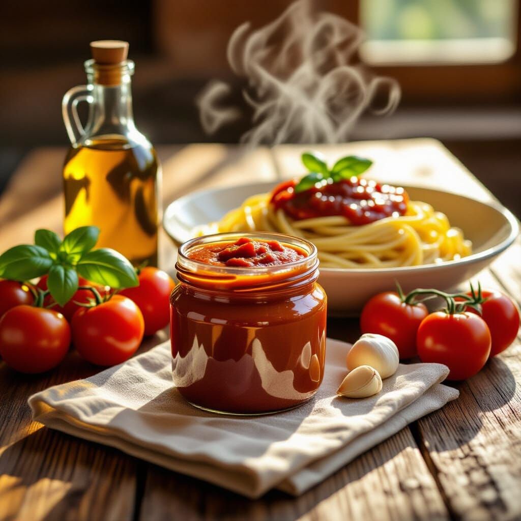 Rustic Italian Table with Pasta Sauce in Golden Hour Light