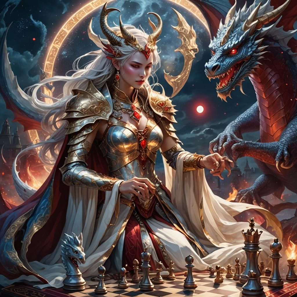 Dragon Goddess Playing Chess with Moon Dragon