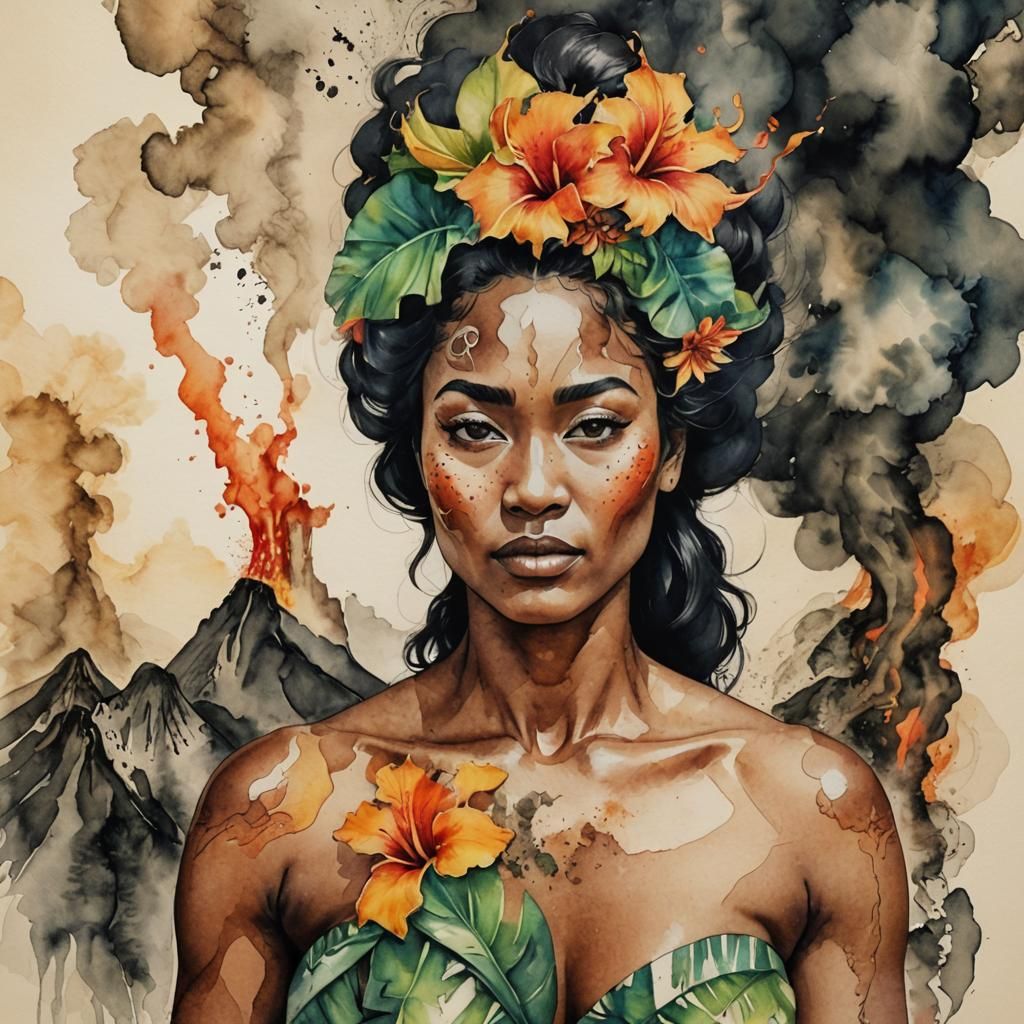 Pele Goddess Portrait with Volcano, in Watercolor