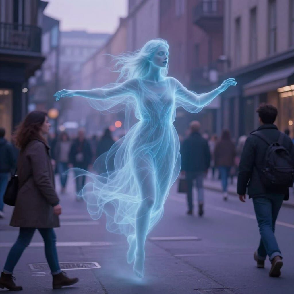 Ethereal Blue Spirit Astral Projection in Surrealist Citysca...