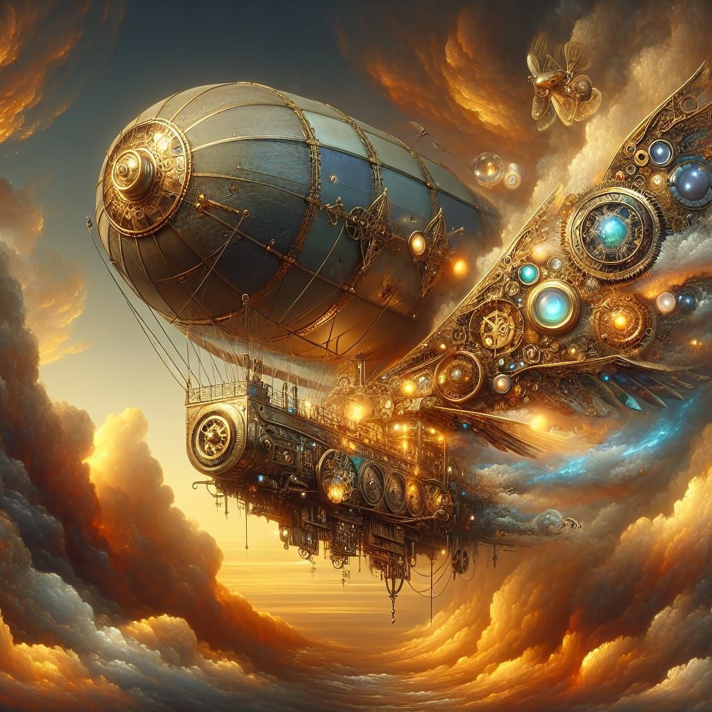 Steampunk Airship Soaring Through Golden Clouds