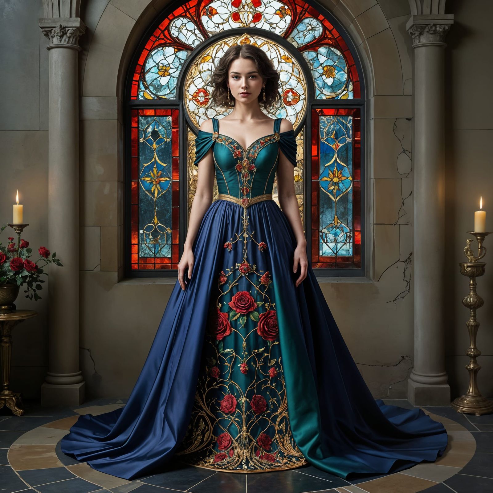 Elegant Woman in Stained Glass Gothic Gown