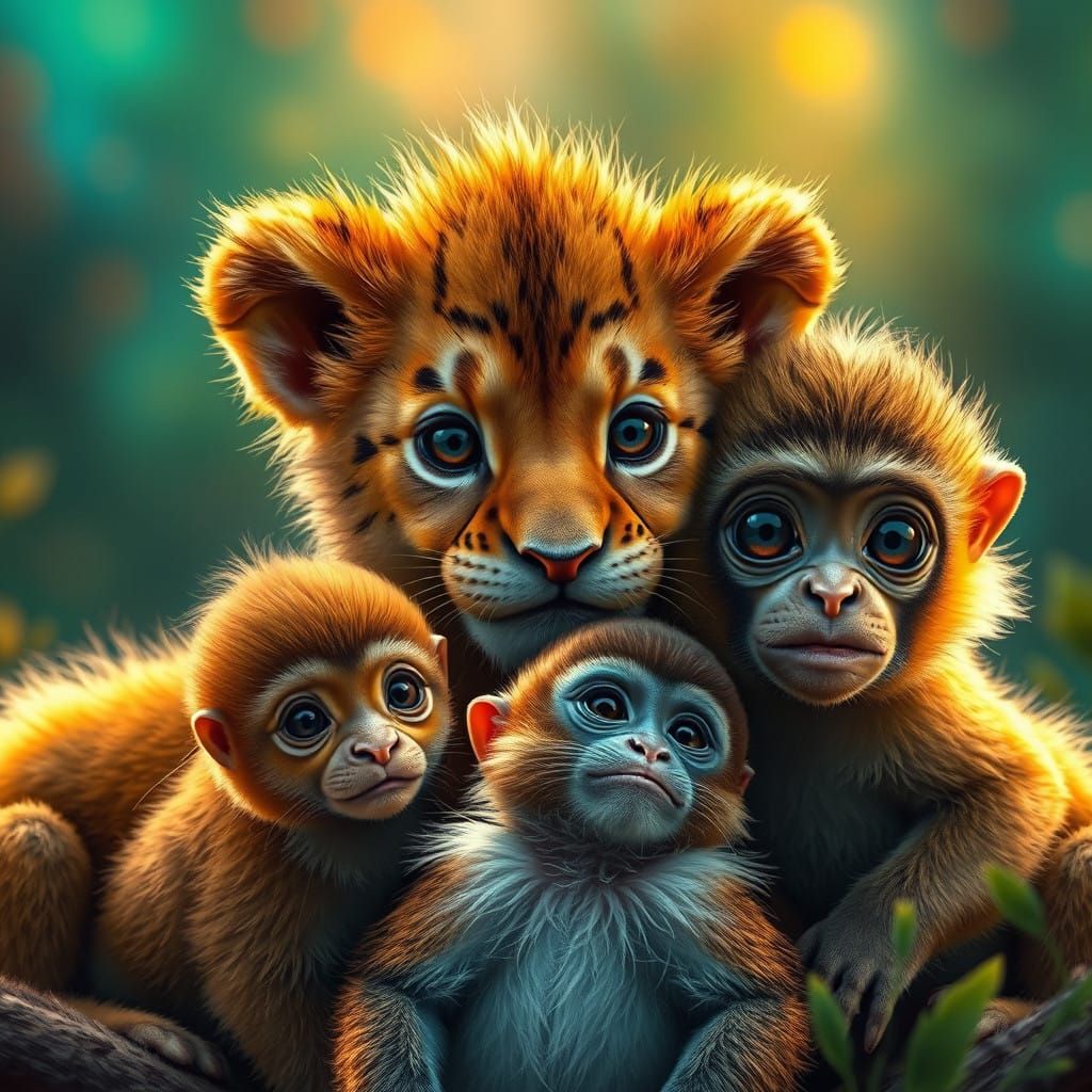 Whimsical Gathering of Baby Animals in Vibrant Hyperrealisti...