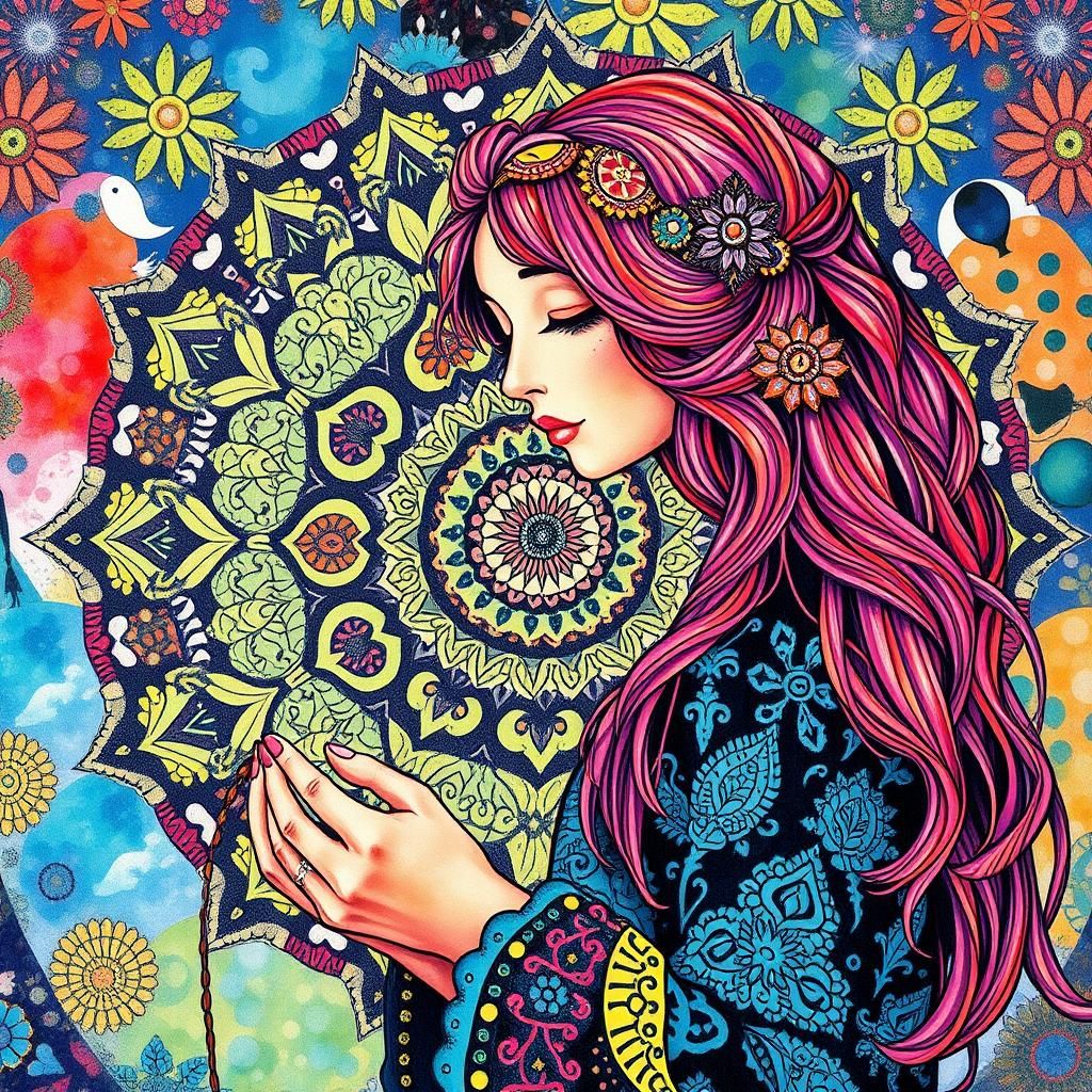 Psychedelic Zentangle Mandala in Gouache Style