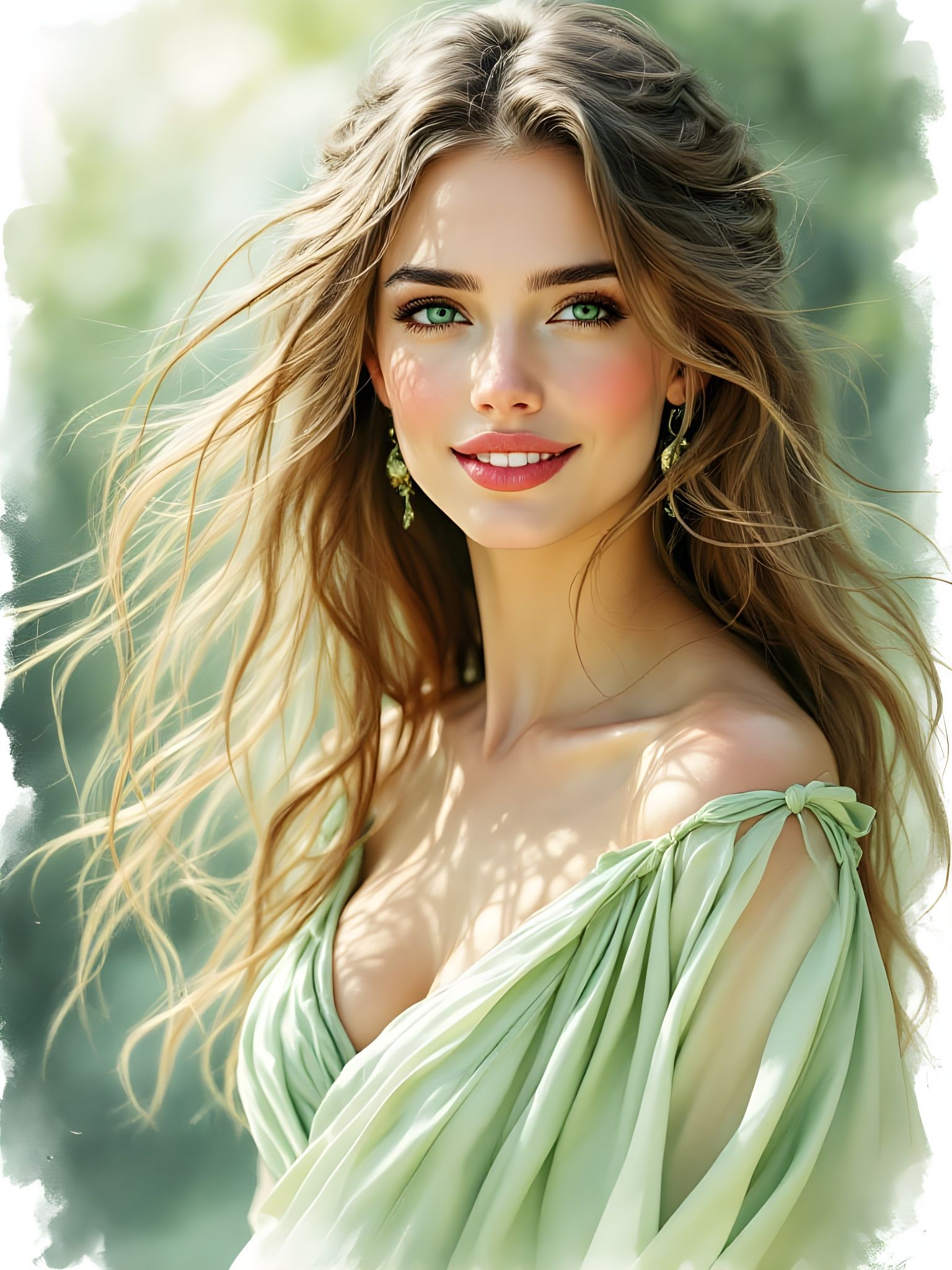 Ethereal Norse Goddess in Enchanting Green Silk Gown