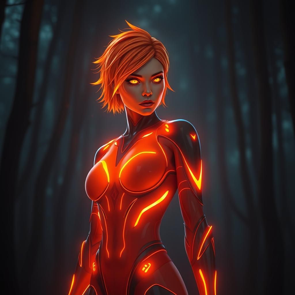 Phosphorus Woman Lights Dark Forest in Digital Art