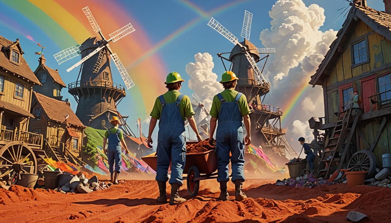 Elves Mining Rainbow Sand Near Gigantic Windmill
