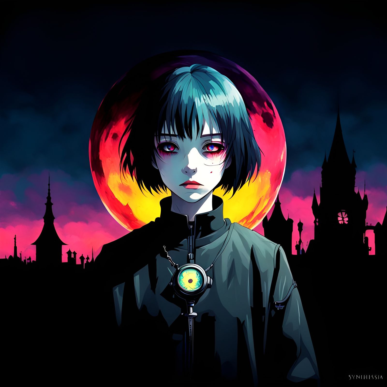 Mysterious Gothic Horror Anime Art in Retrofuturism Style