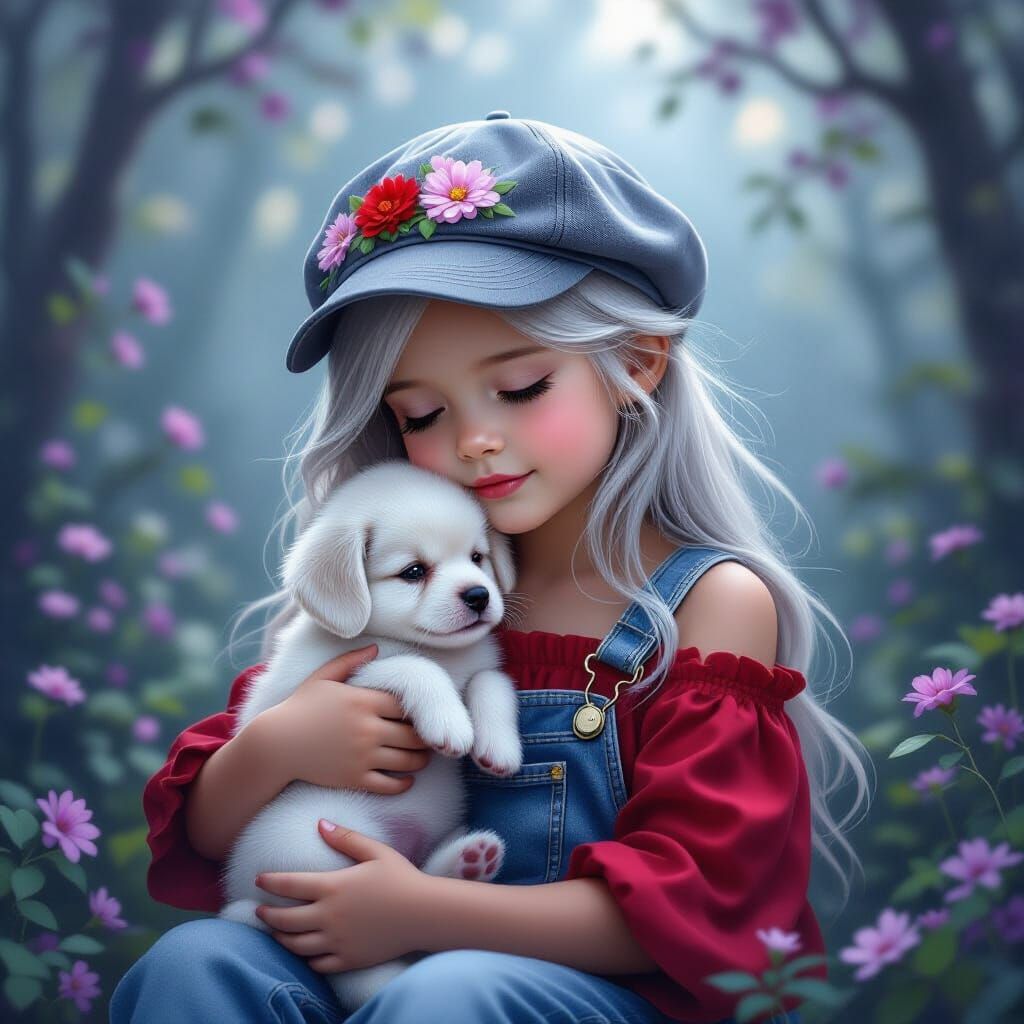 Whimsical Child With Puppy in Misty Forest