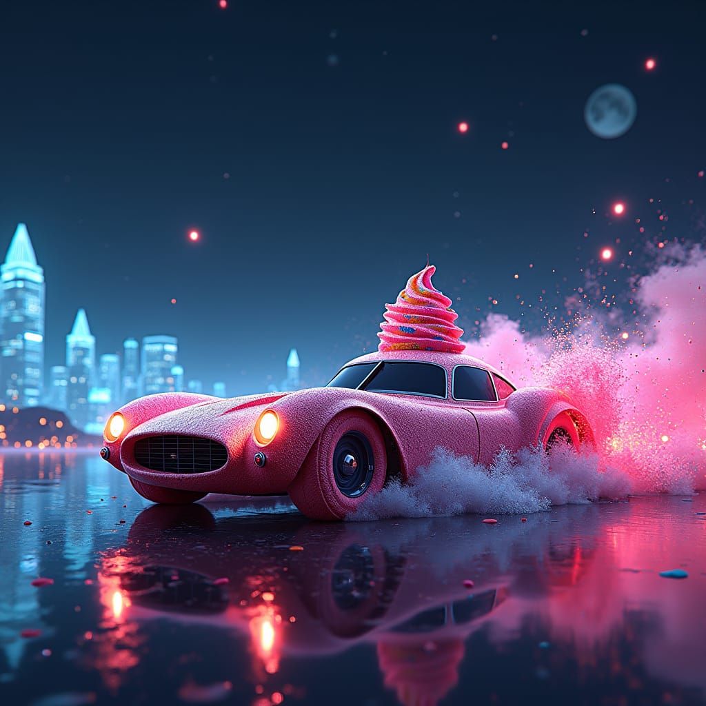 Ice Cream Car in Retro-Futuristic Cityscape