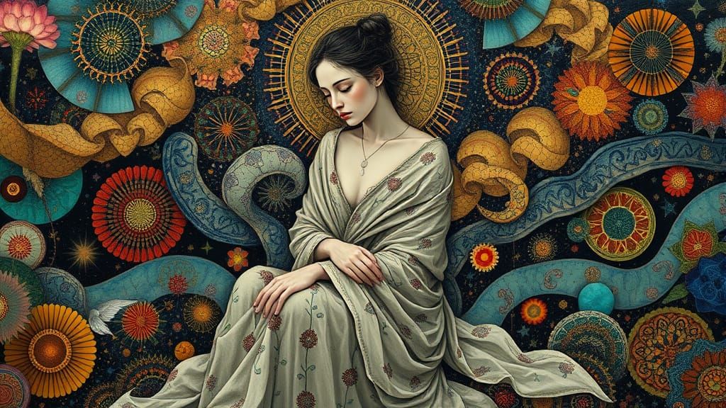 Surreal Figure in Cosmic Landscape with Intricate Patterns