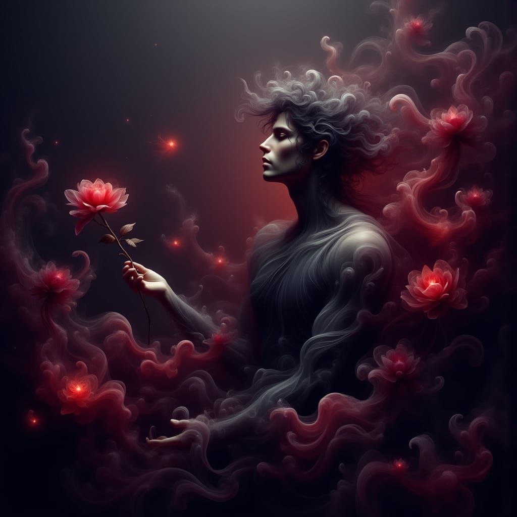 Ethereal Male Spirit with Black Roses and Red Rose