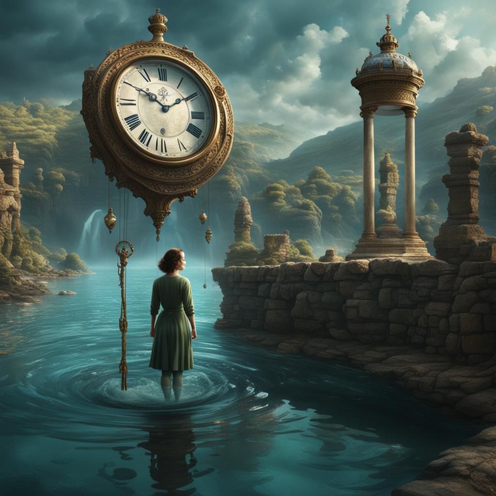 Woman on Swing Gazing at Underwater Clock