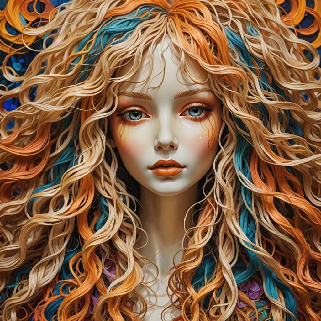 Yarn Wig on Mannequin Head, Fantasy Illustration