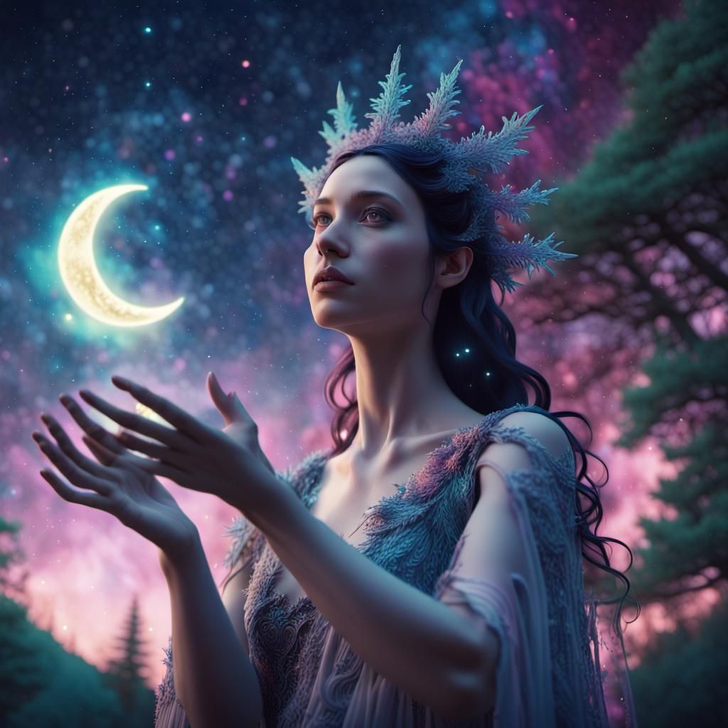 Goddess in Fractal Forest Under Astral Sky