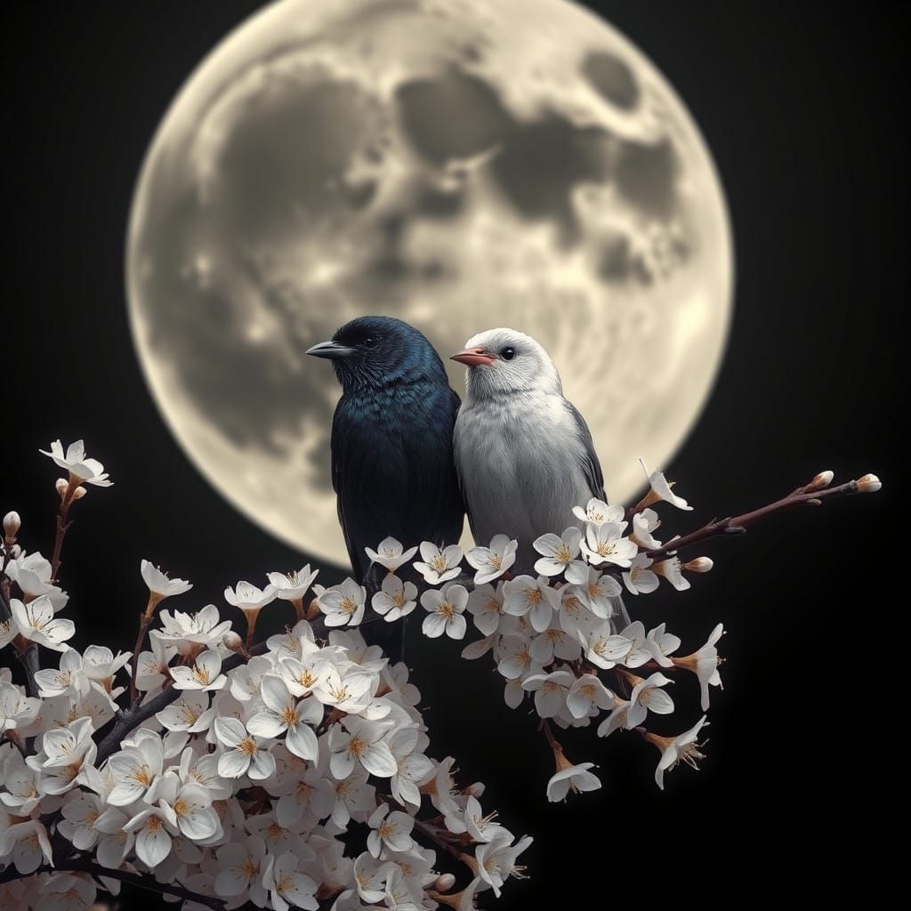 Two Birds Amidst a Celestial Moonlit Bloom