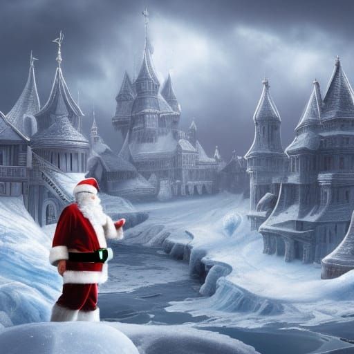 Santa Claus Observes Snowy Lands: Detailed Matte Painting