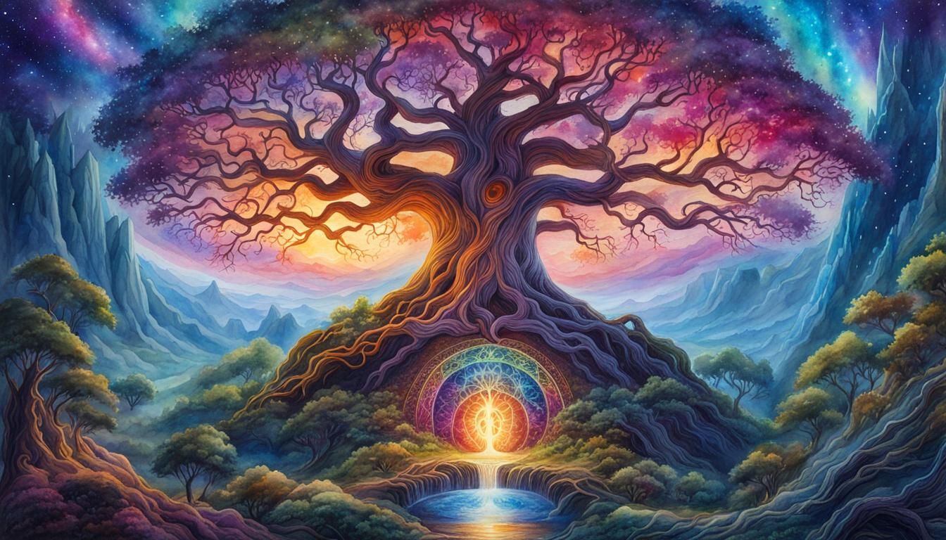 Mystical Yggdrasil Watercolor Painting