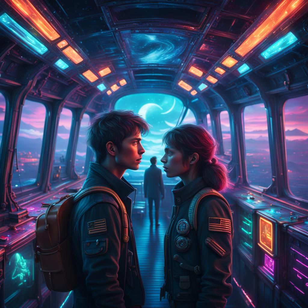 Children on a Neon-Lit Ship: Digital Matte Painting