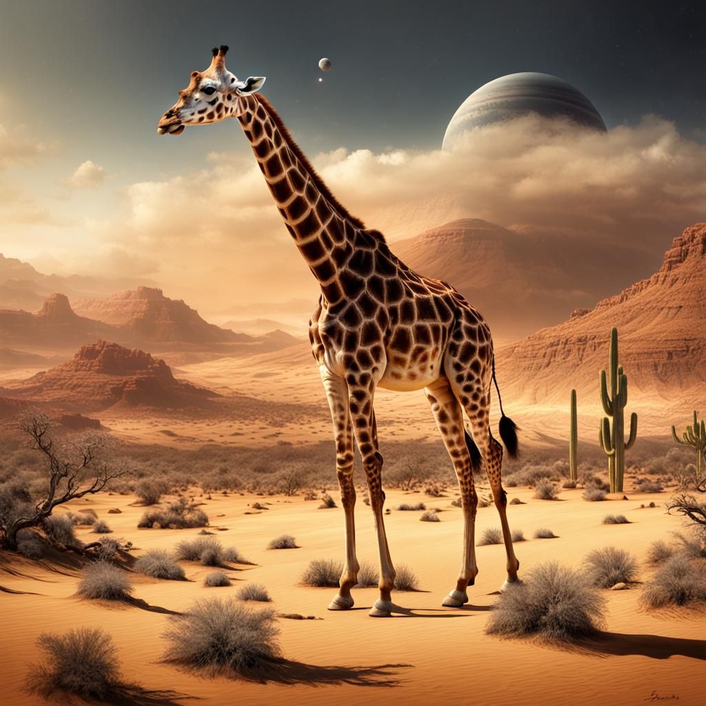 Giraffe Walks on Desert Planet in Hyperrealism