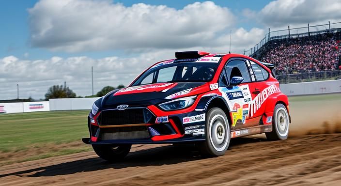 Rallycross Racing Car Jumping Action with Sponsor