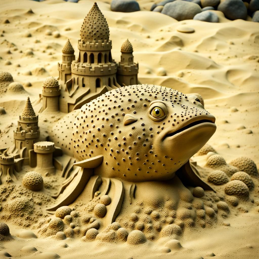 Underwater Mating Pufferfish Sand Sculpture in 8K