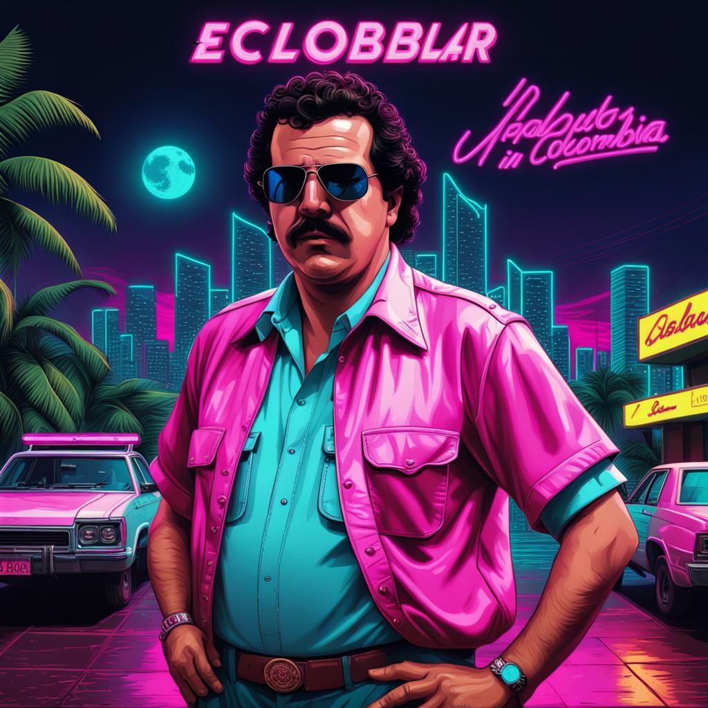 Pablo Escobar in Synthwave Neon Retro Style