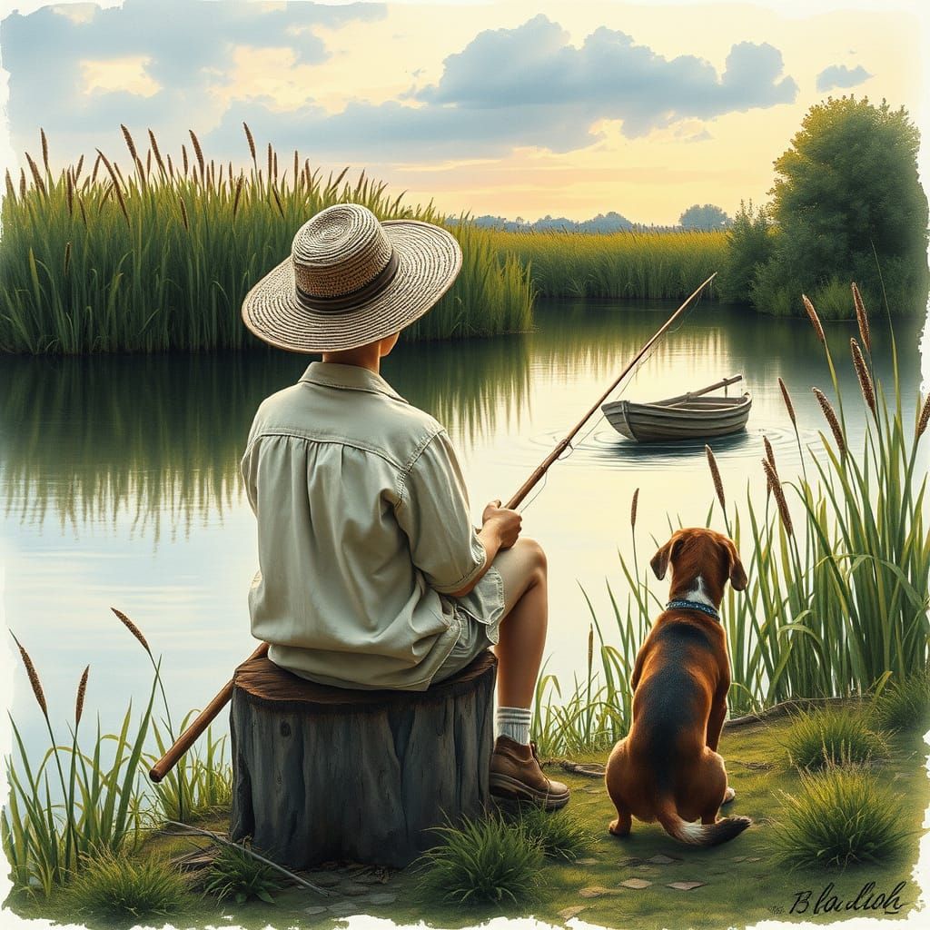 Rustic Summer Evening Scene with a Young Boy Fishing