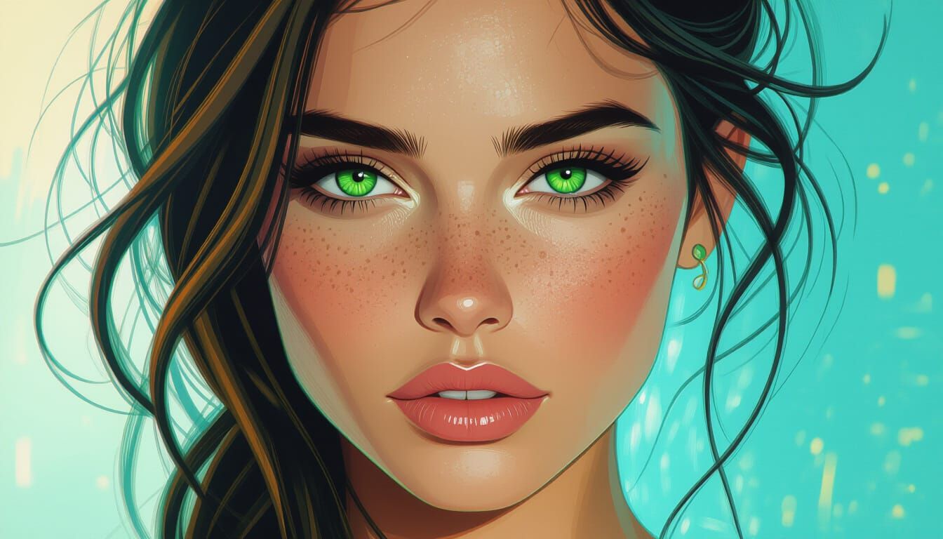 Captivating Green Eyes Reflect Dazed Expression in Hyperreal...