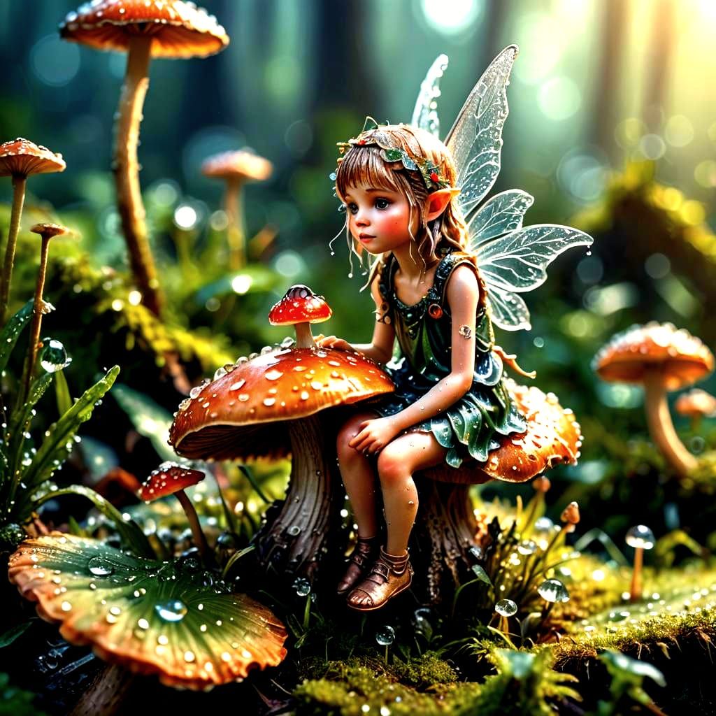 Hyperrealistic Macro of Fairy on Mushroom