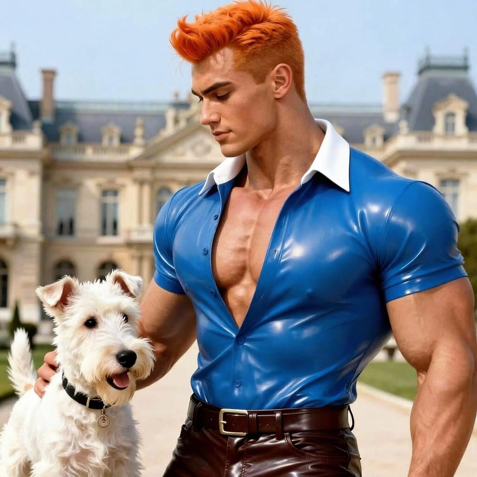 Muscular Tintin-Inspired Man with Fox Terrier