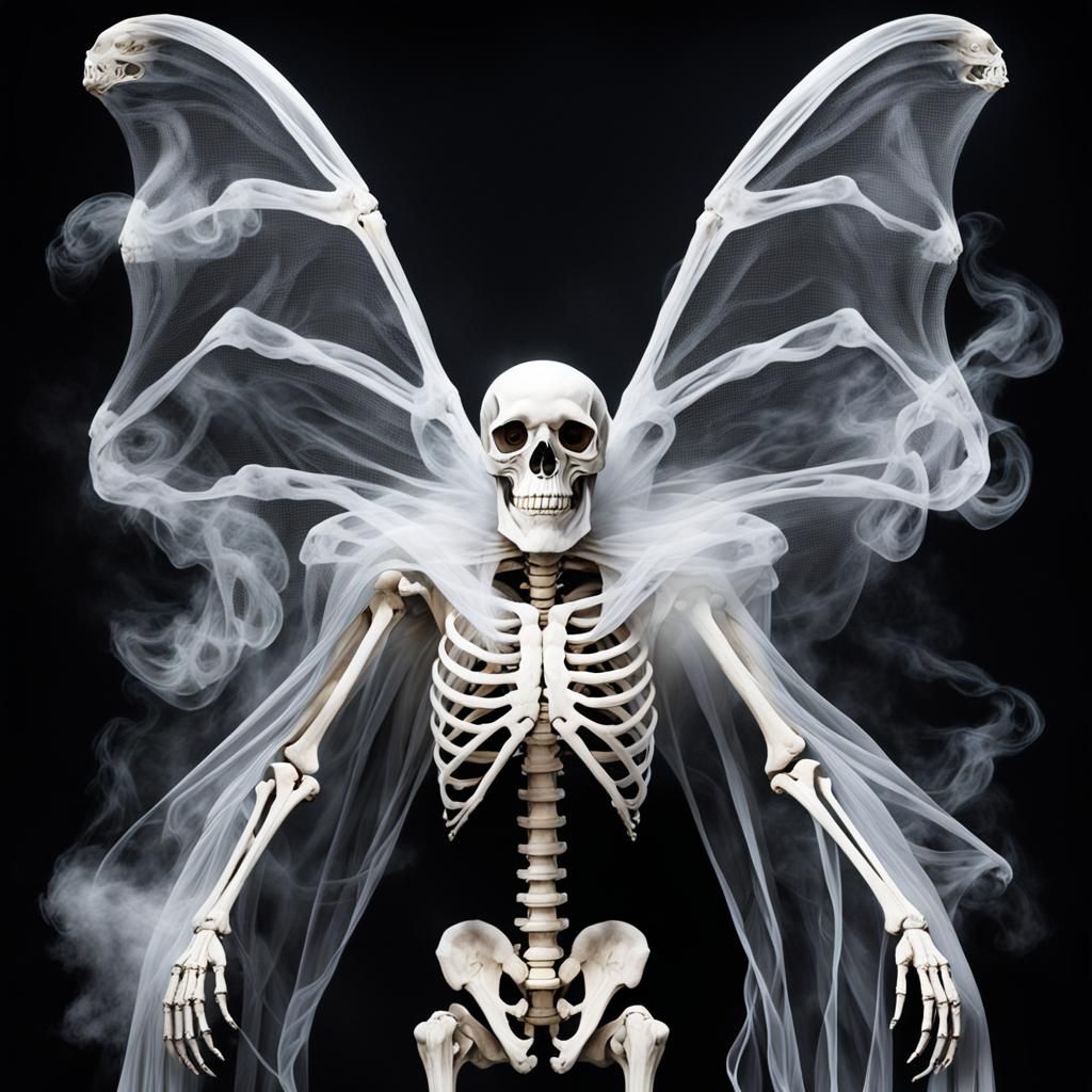 Monochrome Skeleton with Hawkmoths in Graveyard