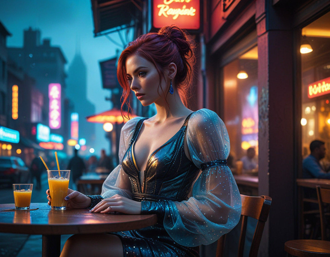 Elegant Woman in Sheer Gown at Outdoor Café