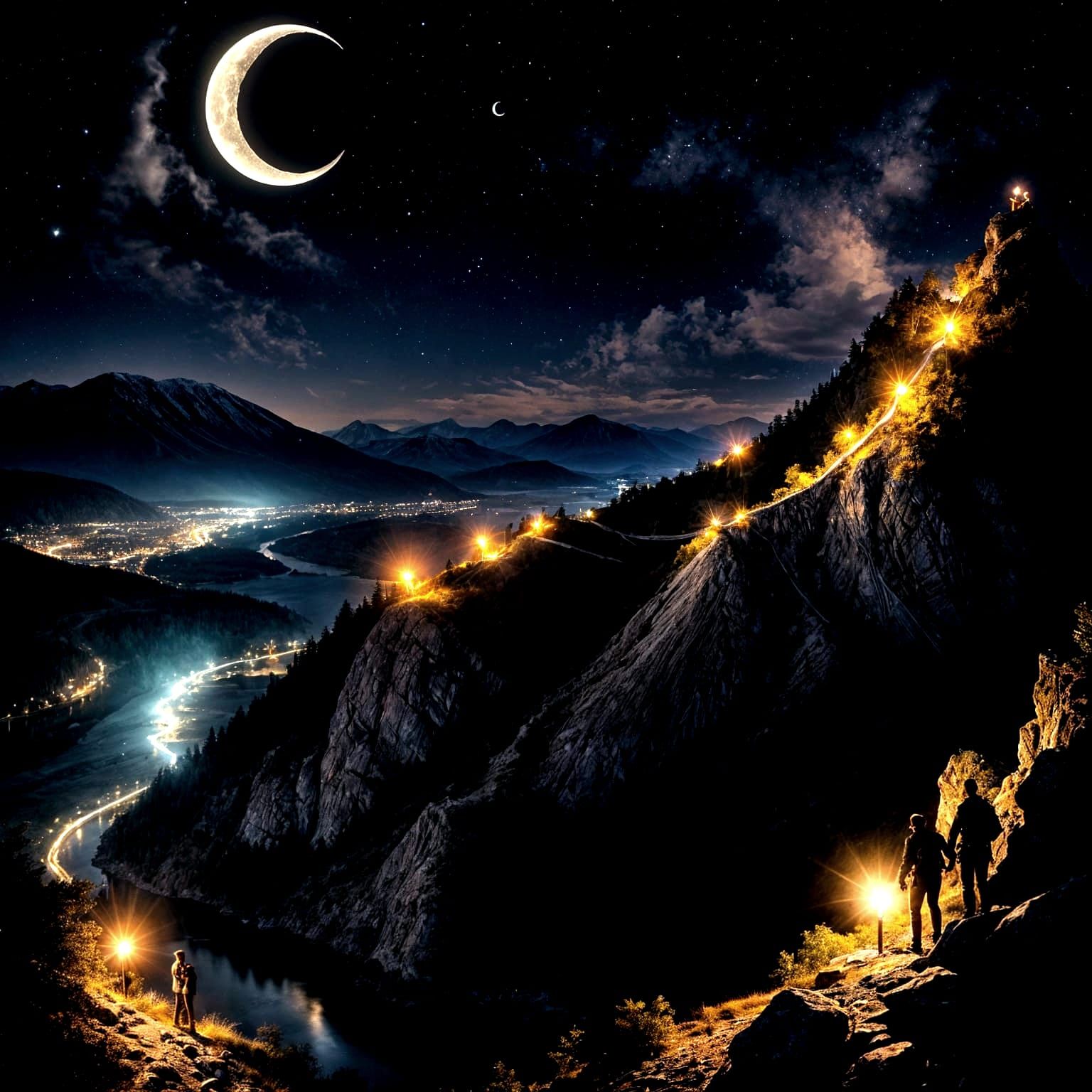 Night Climb: Lit Town Under Crescent Moon