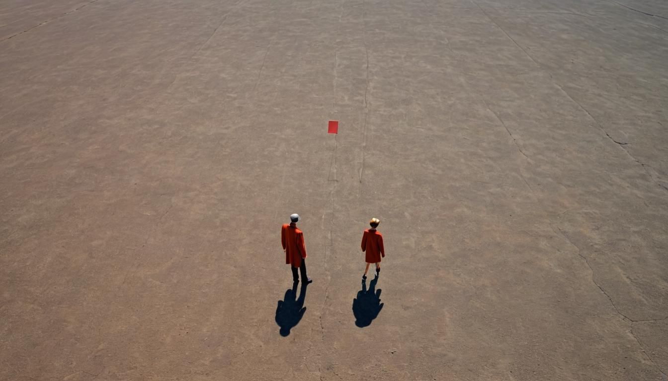 Surreal Parallel Figures in Desolate Landscape