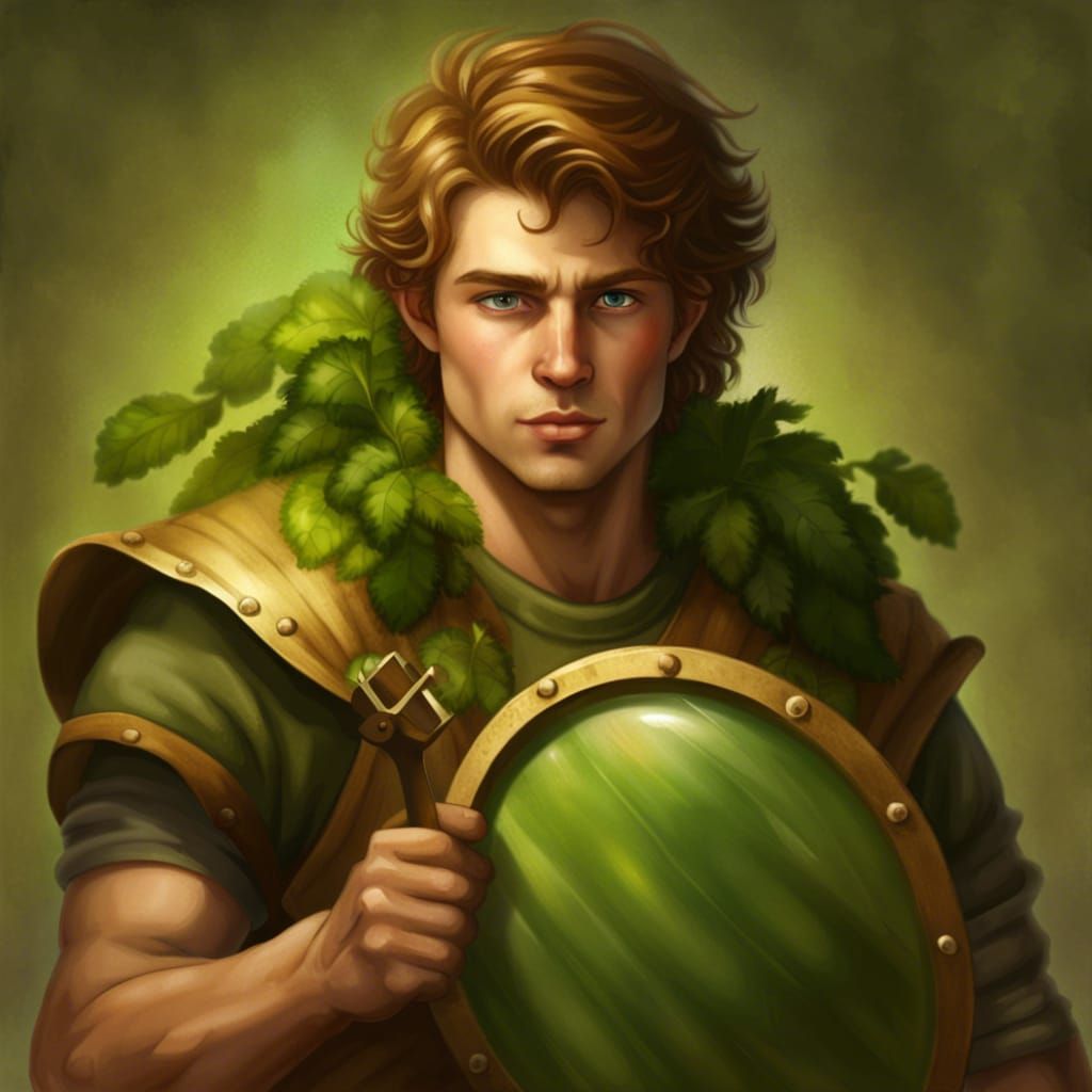Man with Vegetable Shield and Farm Tool
