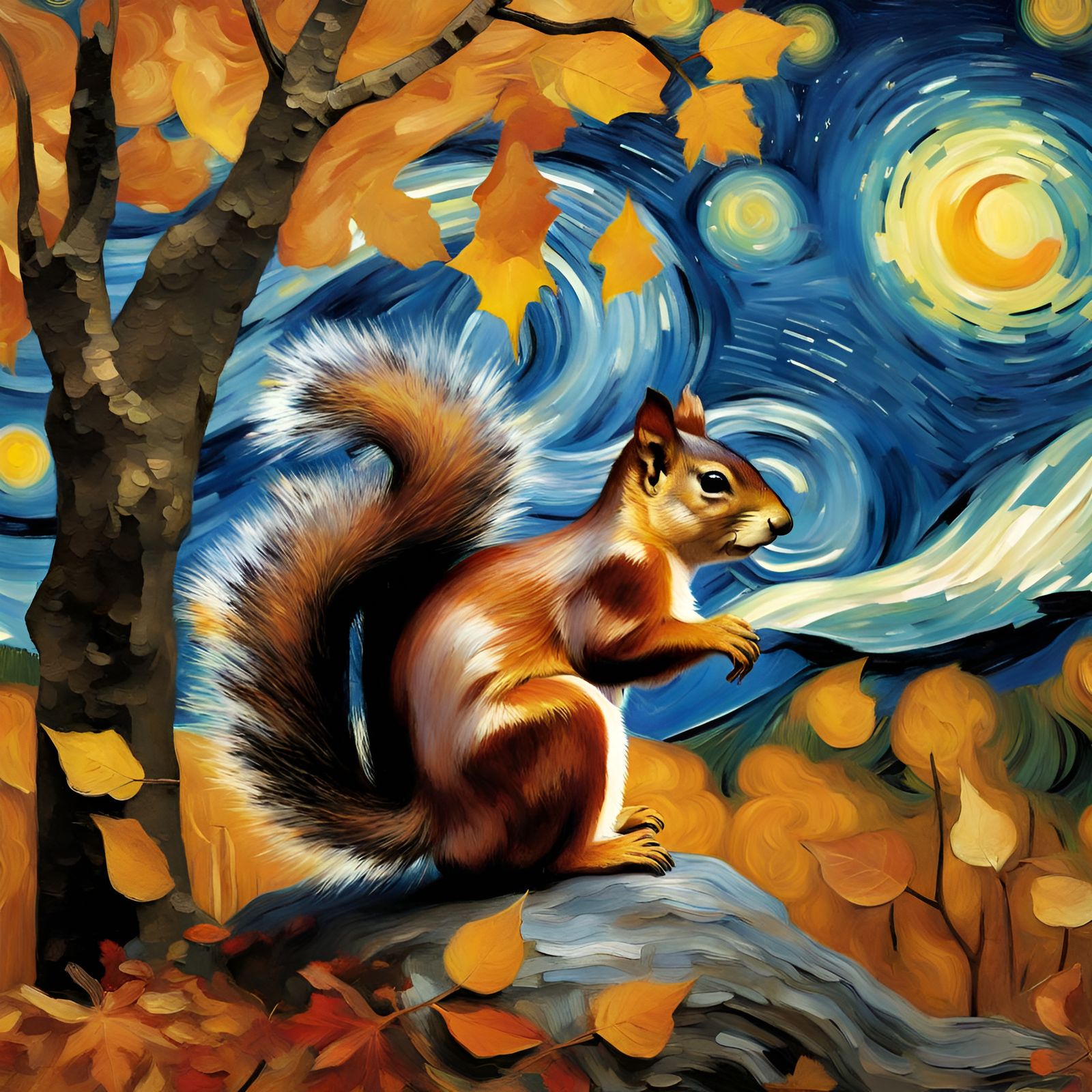 Squirrel in Starry Autumn Forest, Van Gogh Style